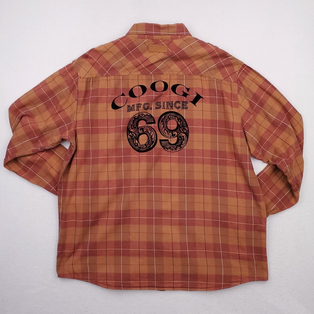 Coogi Shirt Mens XXL Red Tan Plaid Flannel Button Up Urban Streetwear 69